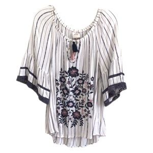 KNOX ROSE White Navy Striped Embroidered Peasant Top